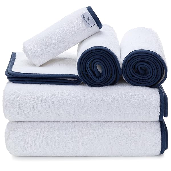 MACOUBA BATH TOWELS FOR BATHROOM BATH TOWEL SET – WHITE TOWELS WITH BLUE TRIM – LUXURY SET OF 6 – BATHROOM TOWELS SET, WHITE NAVY BLUE TOWELS – 2 WHITE BATH TOWELS, 2 HAND 2 FACE
