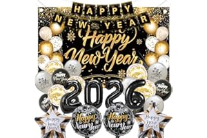 CIEOVO New Years Eve Party Supplies 2026 Set, Black and Gold Happy New Year Banner Decorations Backdrop 2026 Balloon Numbers New Year Foil Balloons for New Years Eve Party Supplies
