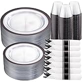 I00000 210 Pcs Clear and Black Plastic Plates, Disposable Dinnerware Set, Include 30 Dinner 30 Dessert Plates,30 Plastic Cups 9 OZ,30 Pre Rolled Napkins with Cutlery for Birthday, Wedding & Party