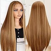 BLL Lace Front Wig Honey Blonde Synthetic Pre-Plucked Highlight Glueless Wigs 30 Inch Straight Hair Wig Ready To Wear (Honey 