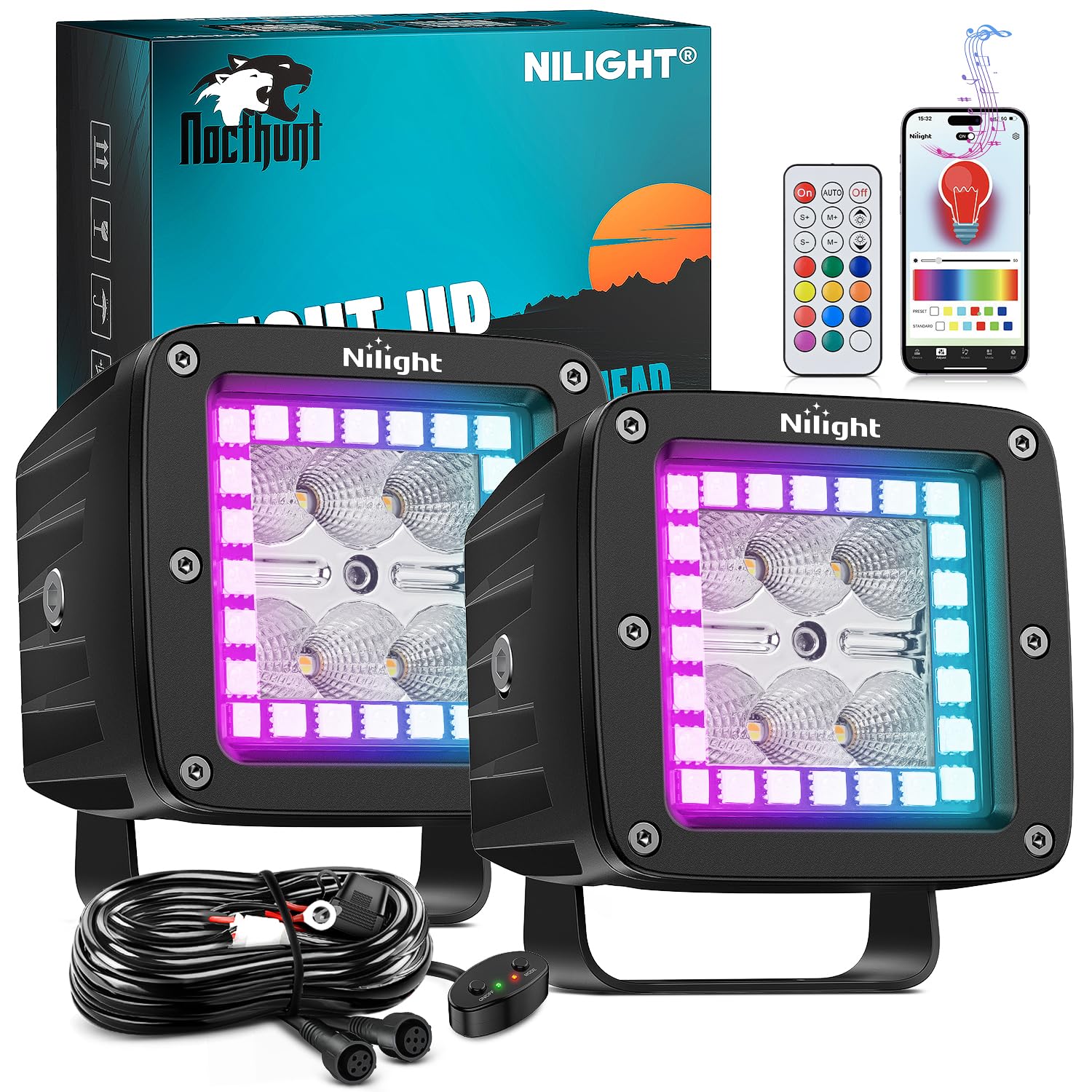 Photo 1 of Nilight LED Pods 3 Inch 18W Cube Flood Offroad Work Light with RGB Halo Strip Multi Chasing Flash Strobe Mode APP & Remote Control IP67 Waterproof for Truck Pickup Golf Cart SUV ATV UTV 4x4 Van Camper