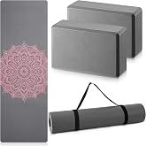 Tinideya 3 Pcs Yoga Mat and Blocks Set 6mm Non Slip Strap | EVA Foam Blocks for Support, Textured Grip Surface, Portable Strap Included, Ideal for Pilates Fitness Home Gym Workouts