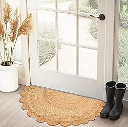 Half Hand Woven Area Rug Braided Jute Scalloped