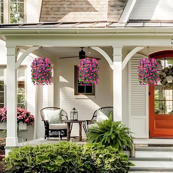 INQCMY ARTIFICIAL FLOWERS FOR OUTDOOR SPRING SUMMER DECORATION FAUX SILK MORNING GLORY FAKE HANGING FLOWERS UV RESISTANT LOOK REAL FOR HOME PORCH (3PCS FUCHSIA&PURPLE +1 BASKET)