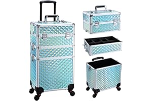 Faquenc 3 in 1 Rolling Makeup Case, Makeup Case with Wheels Cosmetology Case Makeup Trolley Nail Tech Cart Organizer for Traveling Makeup Artist Nail Art Hair stylist Salon Barber with Lock, Mint