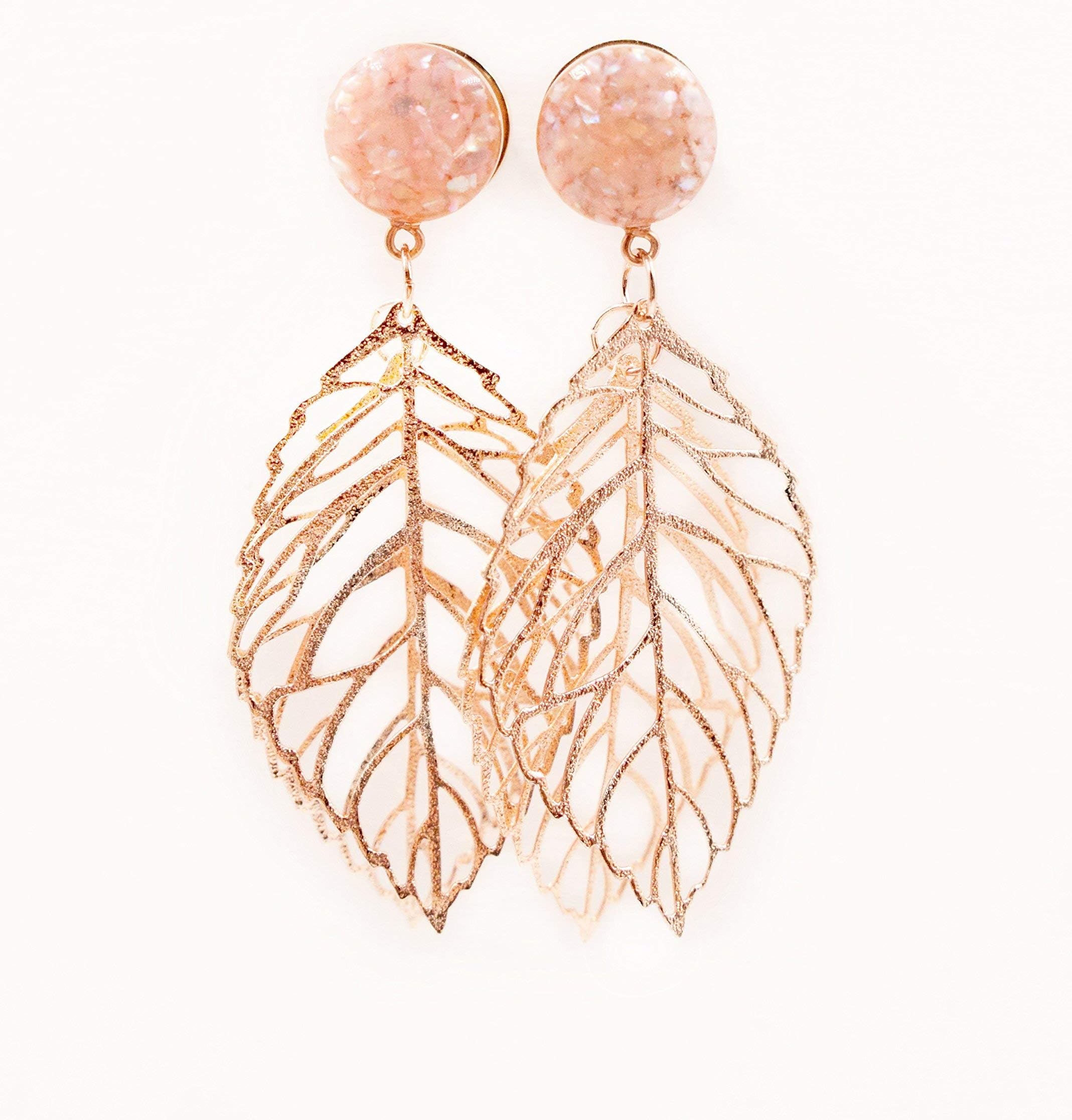 Handmade Champagne Shell Rose Gold Leaf Dangle Plugs - 16g, 10g, 8g, 6g, 4g, 2g, 0g, 00g, 7/16in, 1/2in, 9/16in, 5/8in, 11/16in, 3/4in - Also in Gold or Silver.