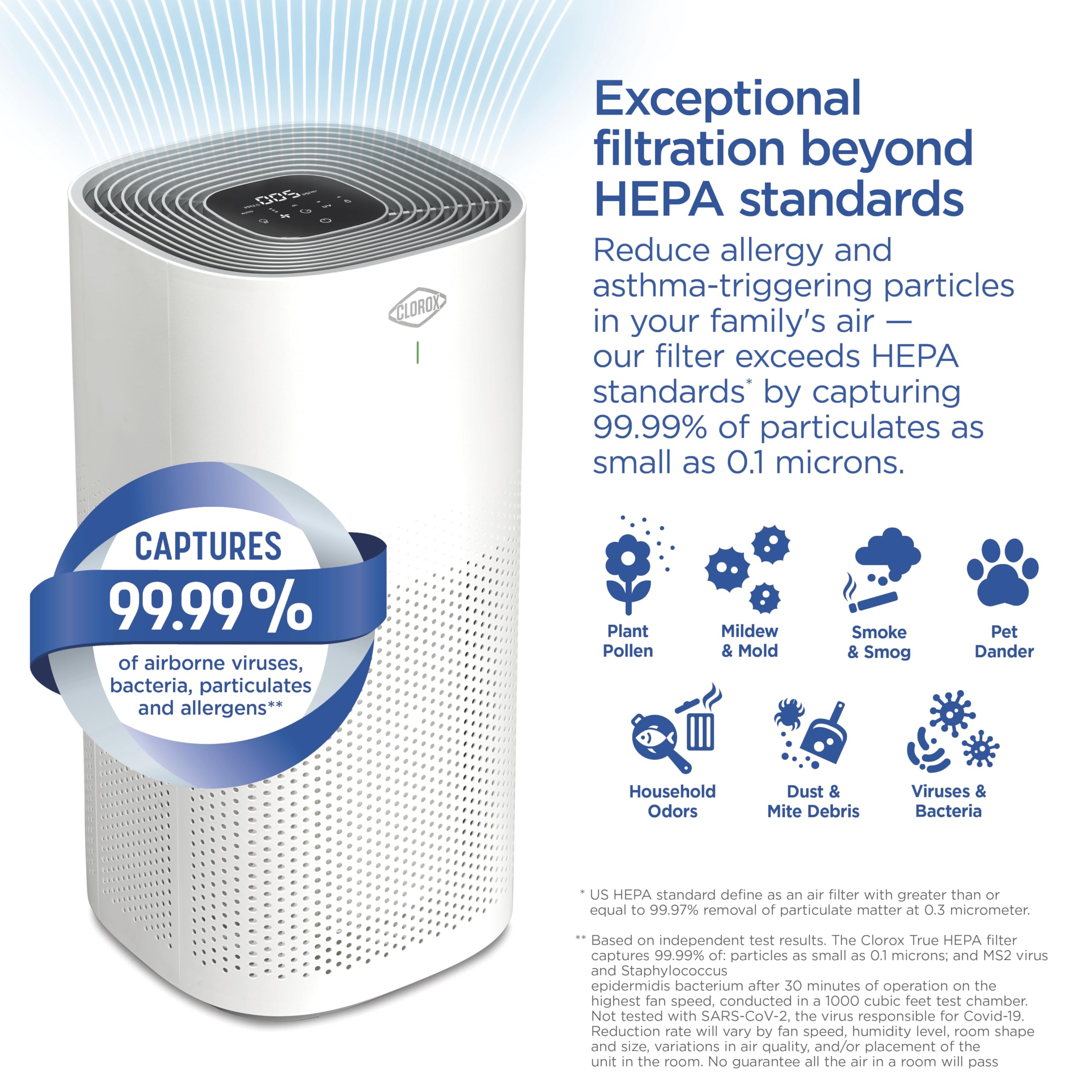 Clorox Air Purifiers for Home, True HEPA Filter, XL Rooms up to 2,220 sq ft, Removes 99.9% of Mold, Viruses, Wildfire Smoke, Allergens, Pet Allergies, Dust, AUTO Mode, UV-C Lightbulb, Whisper Quiet