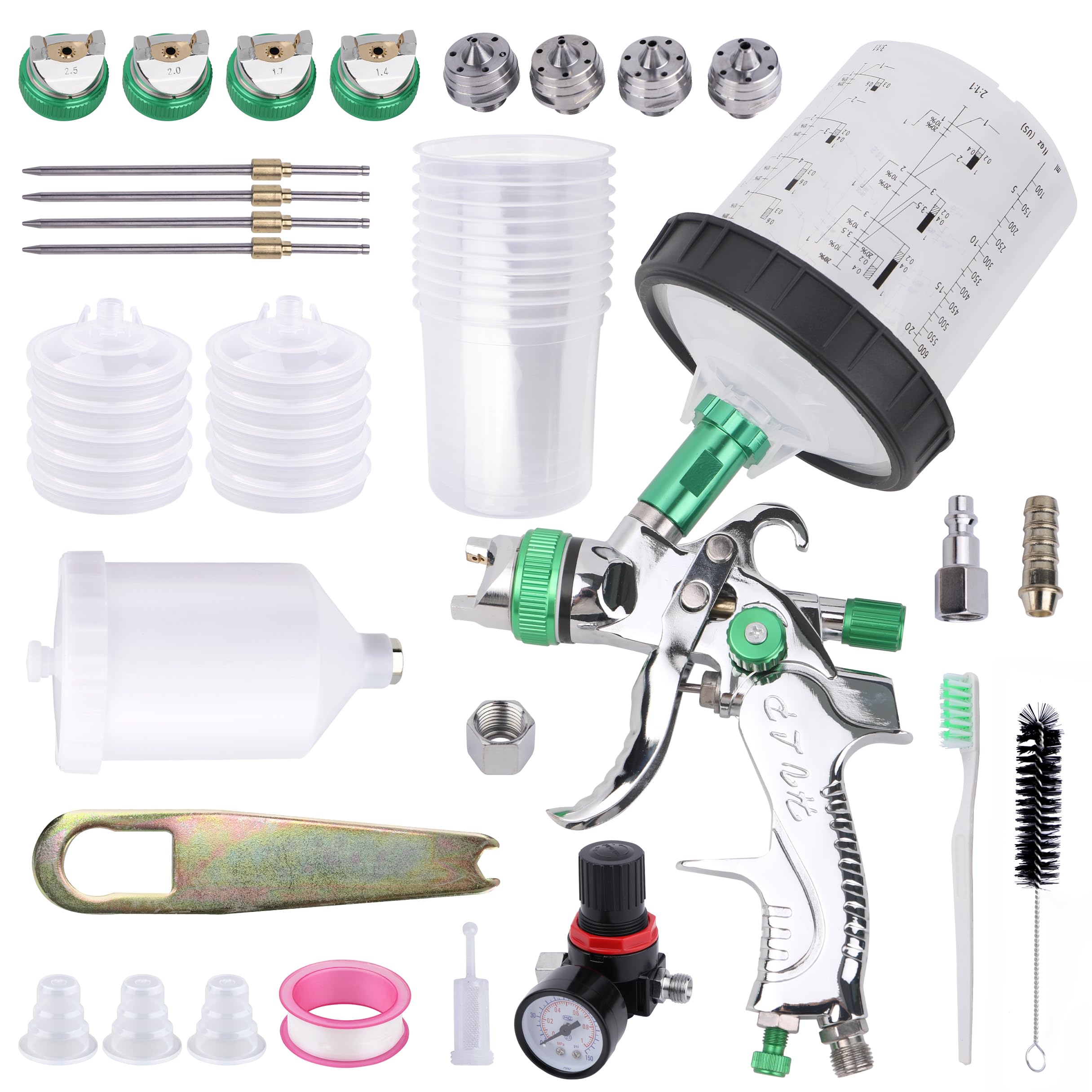 Photo 1 of Zeinlenx HVLP Spray Gun With 10Pcs 600ML Disposable Paint Cups, Automotive Gravity Feed Spray Gun Kit With 4 Nozzles,1.4/1.7/2.0/2.5mm, Sprayer Gun with Air Compressor Regulator for Auto Paint (Green)