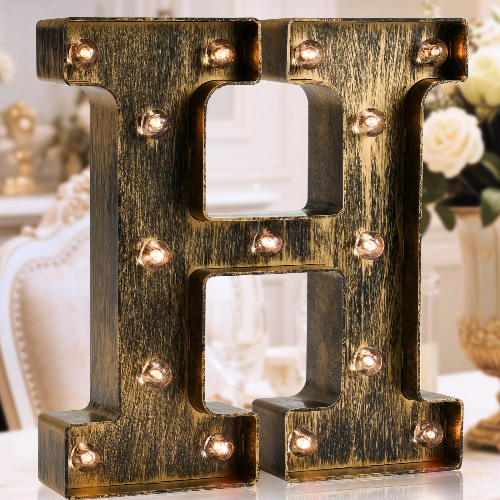 Photo 1 of OYCBUZO Golden Black Led Marquee Letter - Industrial, Vintage Style Light Up Alphabet Letter Sign for Cafe Wedding Birthday Party Christmas Lamp Home Bar Initials Decor - H