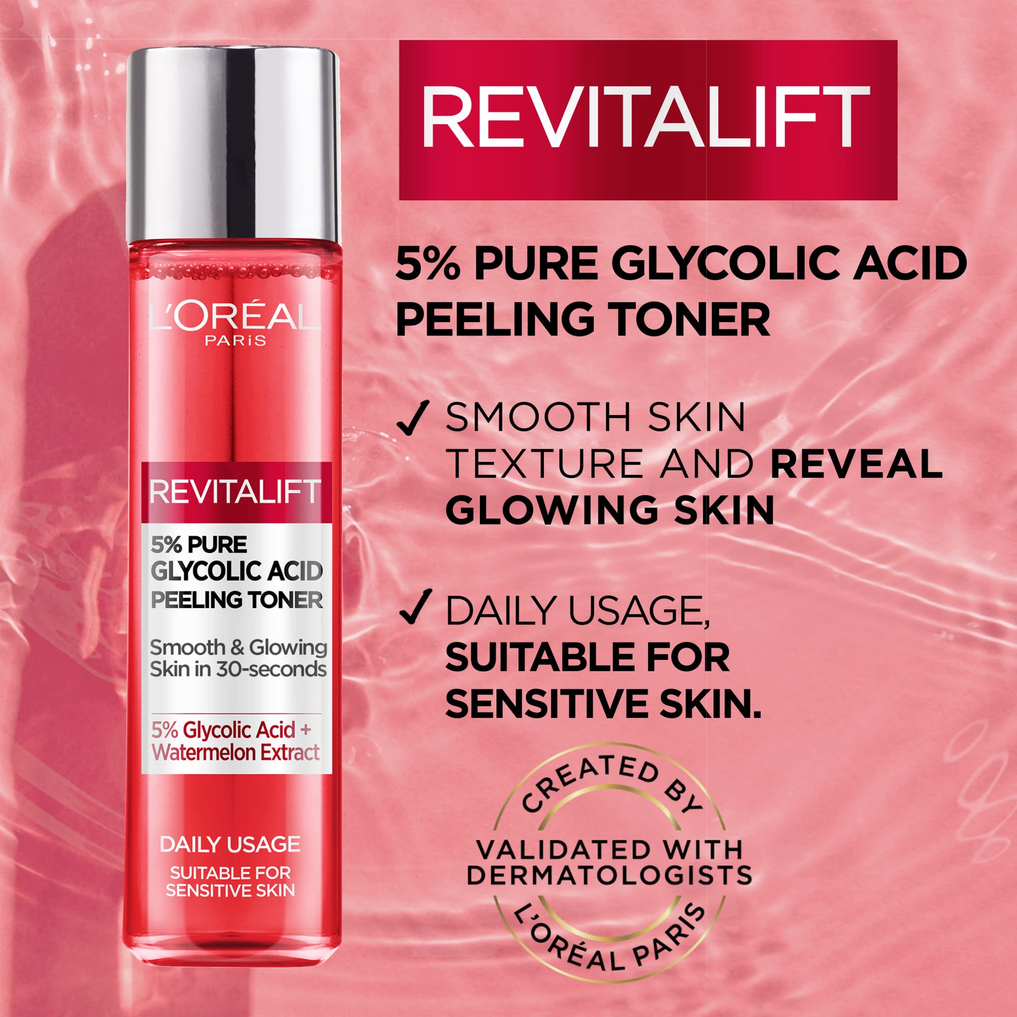 L’Oreal Paris 5% Glycolic Acid Peeling Toner, Revitalift Glycolic Toner, for Smooth & Glowing Skin – 180ml