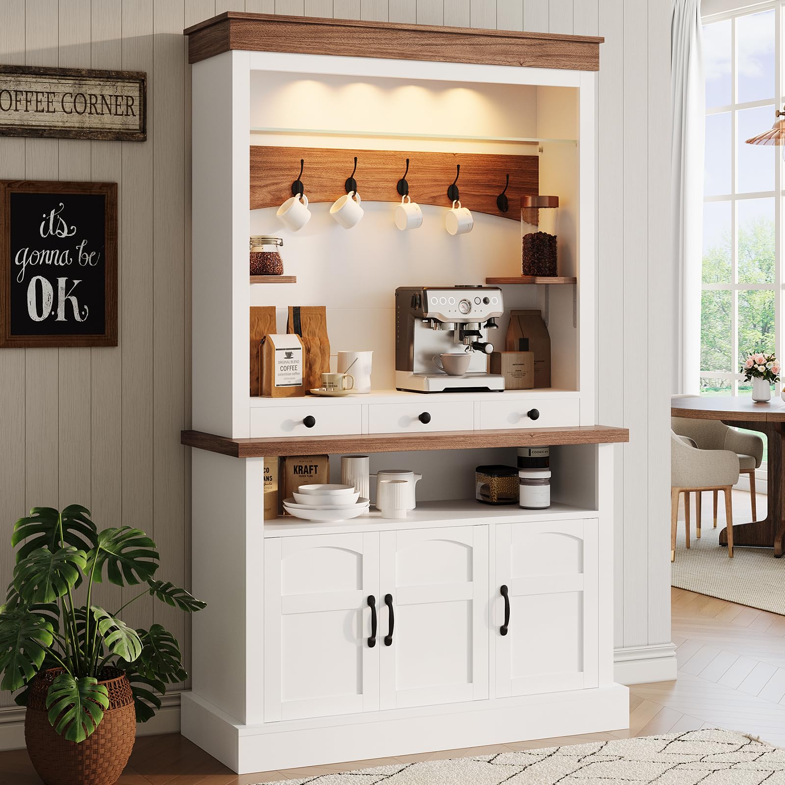 Photo 1 of ***** MISSING MANUAL AND HARWARE *********** Coffee Bar Cabinet with LED Light, 72 in Tall Farmhouse Coffee Bar Hutch with Storage, Sideboard Buffet Cabinet with Microwave Stand/Glass Shelf/6 Hooks/3 Drawers for Kitchen Living Dining Room, White