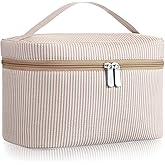 Huhumy Large Makeup Bag for Women Toiletry Bag, Aesthetic Cute Seersucker Cosmetic Pouch, Teen Gift for Her Mom Girlfriend Wife Teacher Aesthetic Skincare Brushes Storage Organizer(Khaki)
