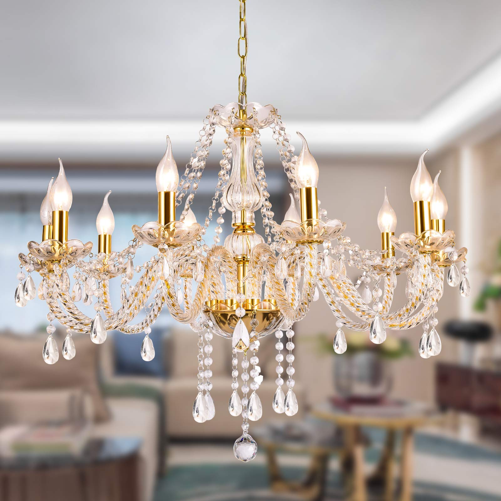 Photo 1 of Gold Color Luxurious Candle Crystal Chandelier, 10 Lights K9 Modern Crystal Chandelier for Dining Room, Glass Ceiling Pendant Lamp for Living Bedroom Lighting Hall Balcony (10 Lights, Gold)
