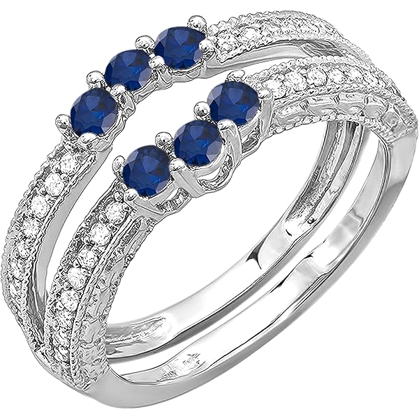 Dazzlingrock Collection Round Blue Sapphire And White Diamond Women Anniversary Promise Wedding Ring, 14K Solid White Gold, Size 5