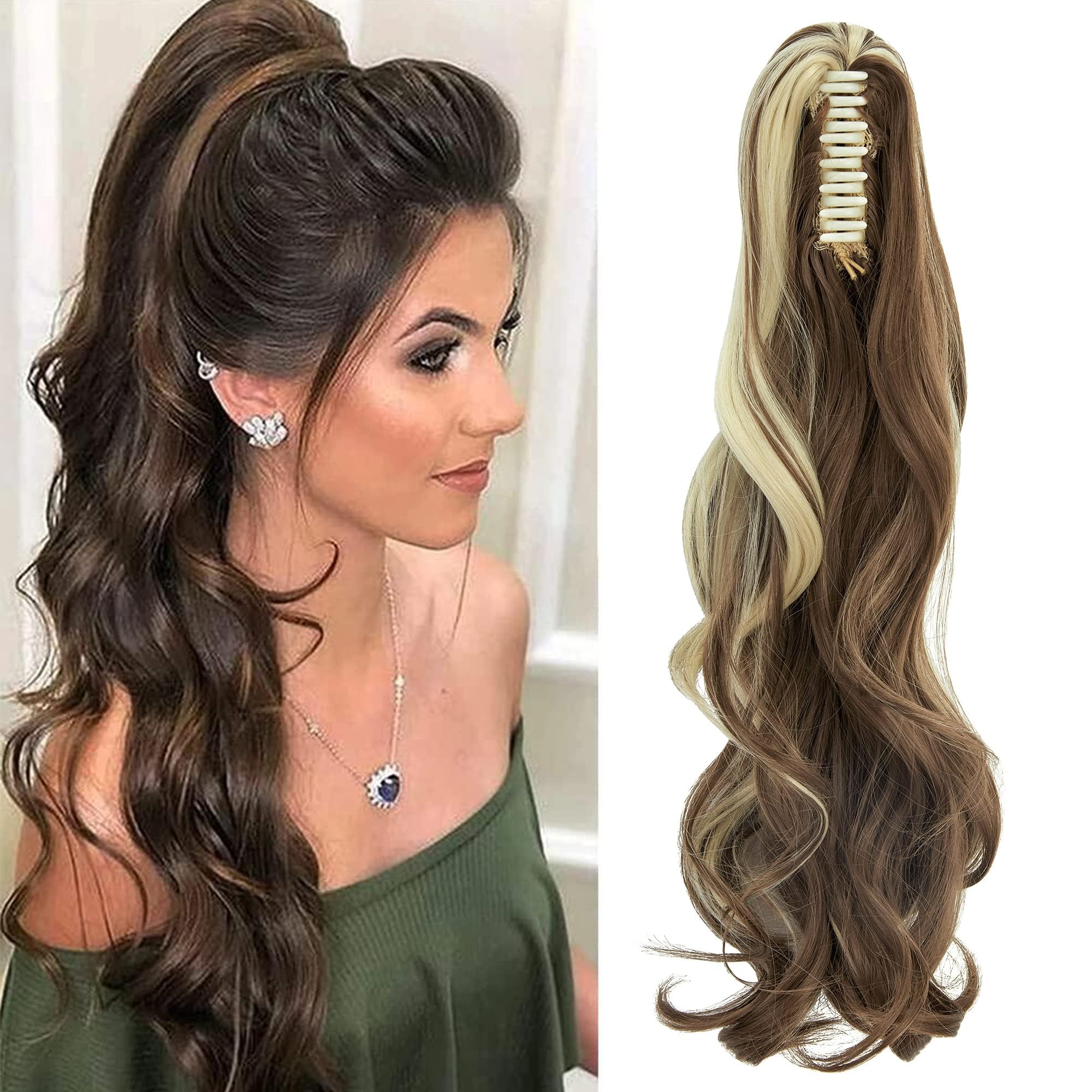 FXYTK Claw on Ponytail Clip in Ponytail Hair Extensions Hair Piece Clip on Pony Tail Hair Extension Claw Jaw Ponytail Extensions 18" Curly Brown Mix Bleach Blonde