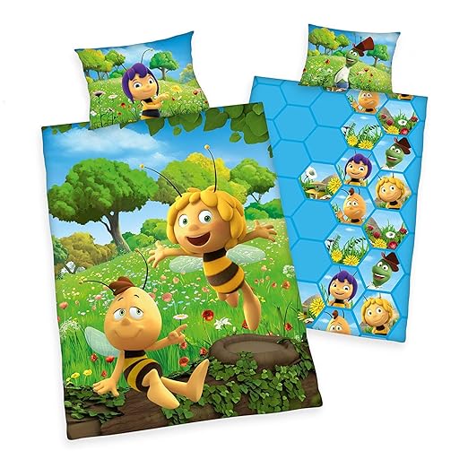 Arle-Living 3 TLG. Baby Bettwäsche Set mit Wende Motiv: Biene Maja - Die Honigspiele - Renforcé 100x135 cm + 40x60 cm + 1 Spa