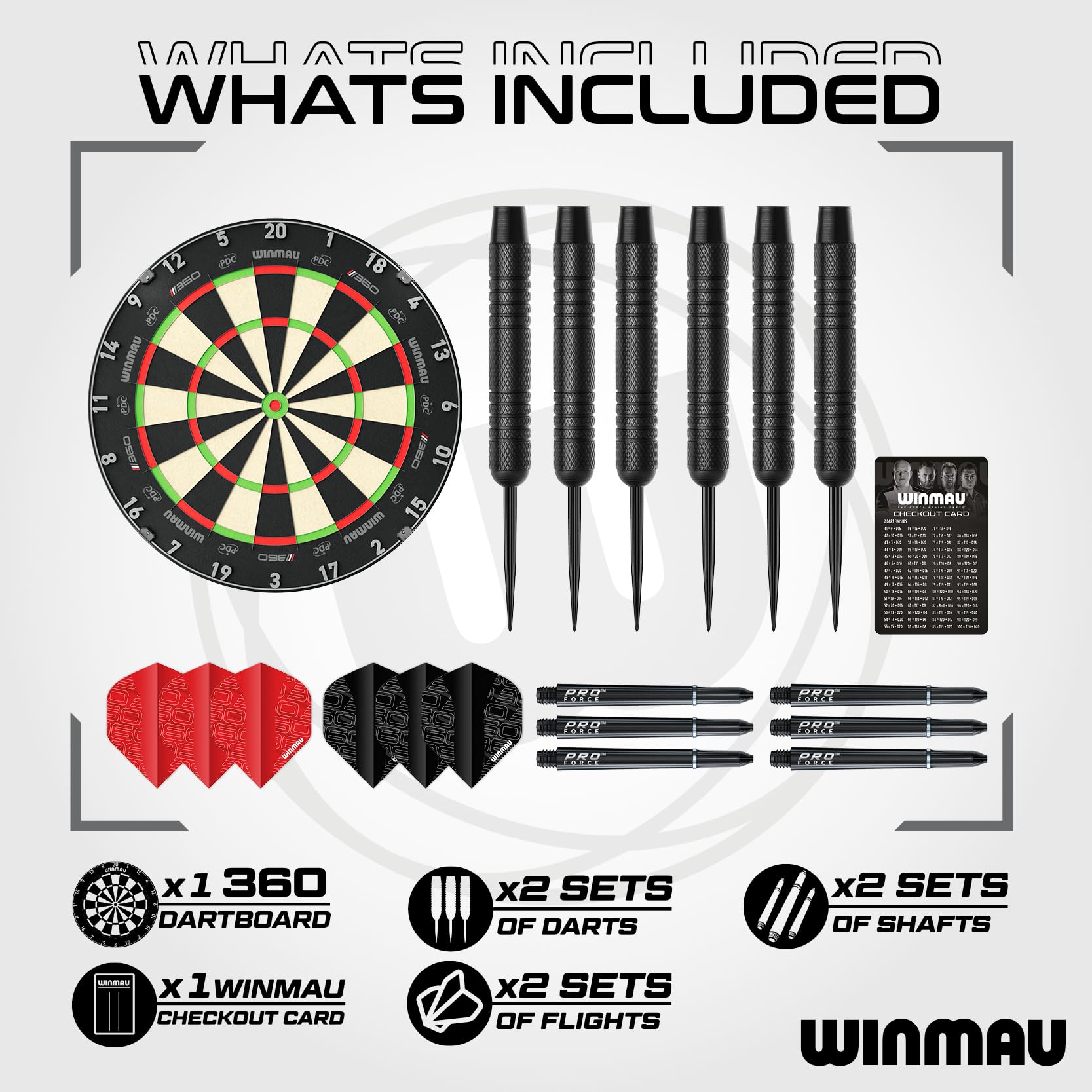 WINMAU Blade 360 Triple Core Carbon Dartscheiben Set – Professionelle Winmau Dartscheibe Steeldart aus Sisal mit Zwei 19 g Darts, schwarzen und roten Flights, Checkout Karte und Zubehör 3
