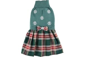 LANYARCO Green Embroidery Snowflake Ugly Vintage Knit Reindeer Holiday Festive Christmas Dog Sweater Dress for Dogs Medium M Size Back Length 14"