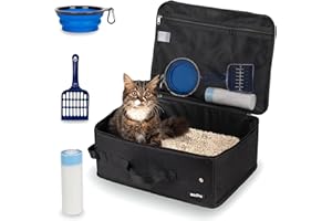 BECIVI Portable Cat Travel Litter Box with Lid and 10 Pcs Disposable Liner Bags, Leak-Proof & Collapsible, Easy Clean Odor-Control Cat Travel Essentials for Car, Hotel, Airplane, Camping,Trips Black