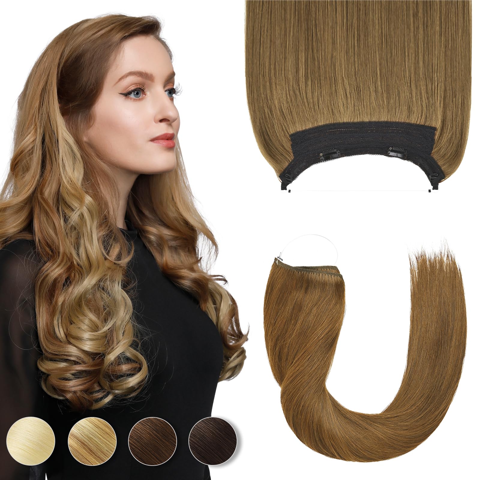 Yamel Invisible Wire Hair Extension Human Hair with Clips Light Brown 16 Inch Fish Line 1 Piece Real Human Hair Secret Extensions