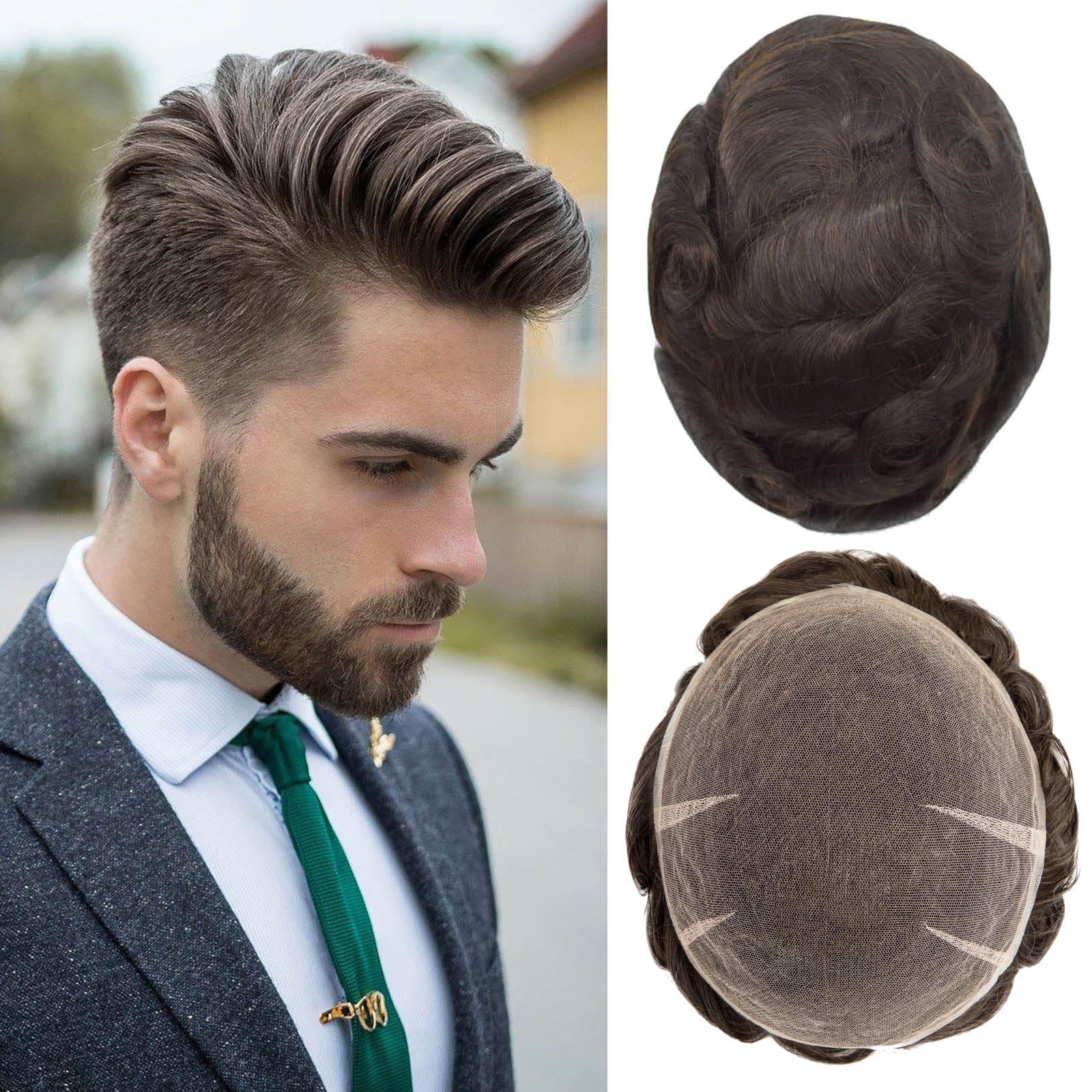 Ehairc Toupee For Men Full Swiss Lace Hair System For Men 100% Human Hair Breathable Men'S Toupee Hairline Bleach Knots Natural 90% Density Mens Lace Wig Base Size 8X10" (#3)