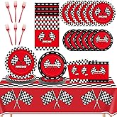 98Pcs Racing Car Party Supplies Red Race Car Party Plates Napkin Tablecloths Racing Dinnerware Tableware Set Black Checkered Flag Dessert Plate for Kid Boy Birthday Baby Shower Home Party Decor