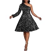 VERWIN Women's Sequins One Shoulder Long Sleeve Skater Dress - Sleeveless Midi Sparkly Casual Party Cocktail