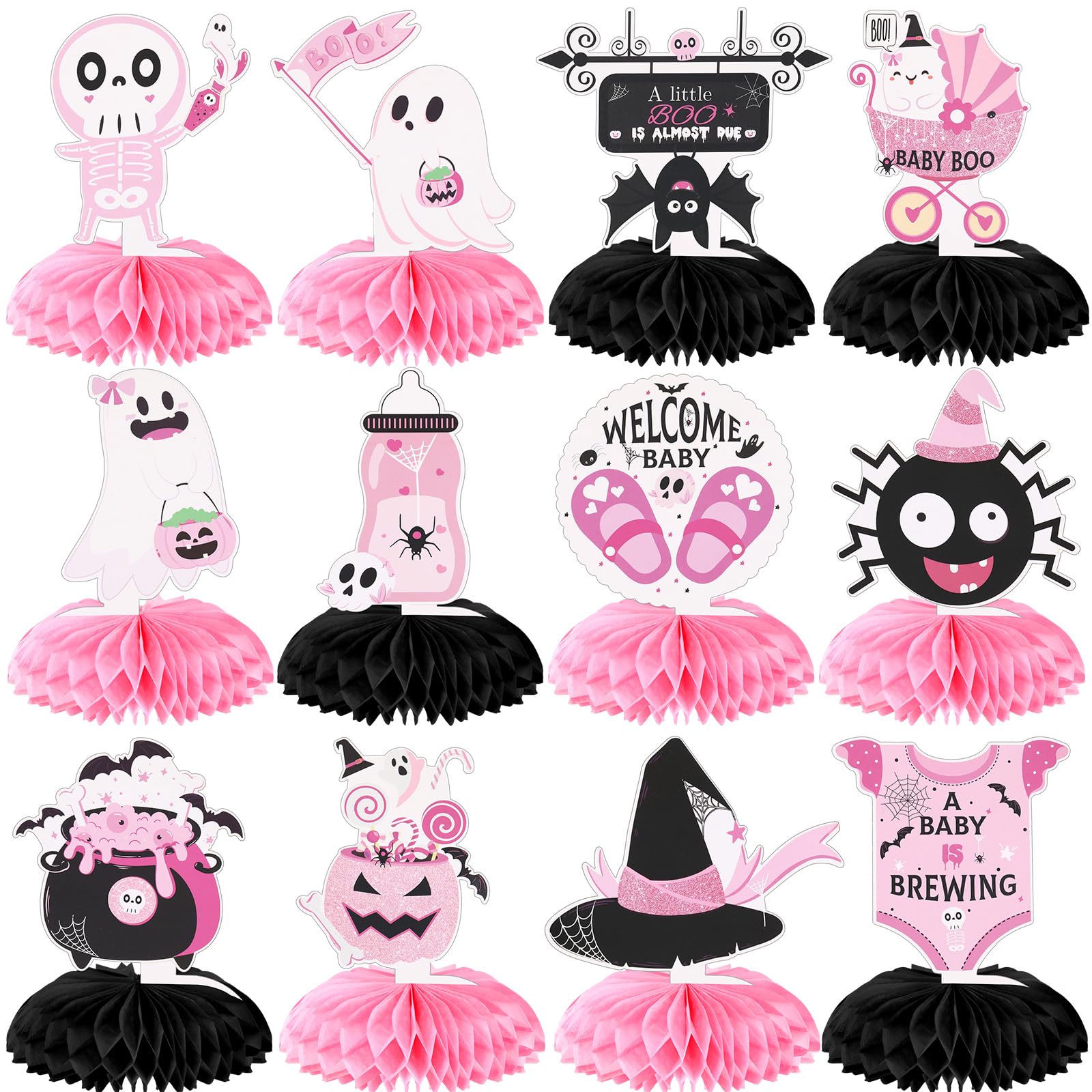 Photo 1 of *2 pack* Ctosree 12 Pcs Halloween Honeycomb Centerpieces Little Boo Hanging Baby Shower Decorations with Clips for Halloween Party A Little Boo Is Almost Due Pink and Black Baby Shower Party Supplies for Girl