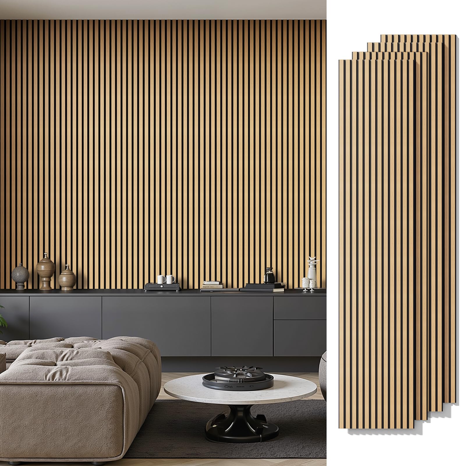 Photo 1 of **45 INCHES UNDAMAGED ON ALL 4 PANELS. MAJOR DAMGE TO THE REST **NMOZATA Wood Panels for Wall and Ceiling, 4PCS 21Sq.Ft 3D Fluted Sound Absorption Wall Panels for Interior Wall Decor for Home, Office, Studio (Oak)