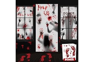 WEBSUN 6PCS Halloween Window Door Decorations Cover Set, 2PCS Halloween Window Clings 1PCS Halloween Door Cover 3 Set of Floor Clings Bloody Handprints Zombie for Haunted House Halloween Decorations