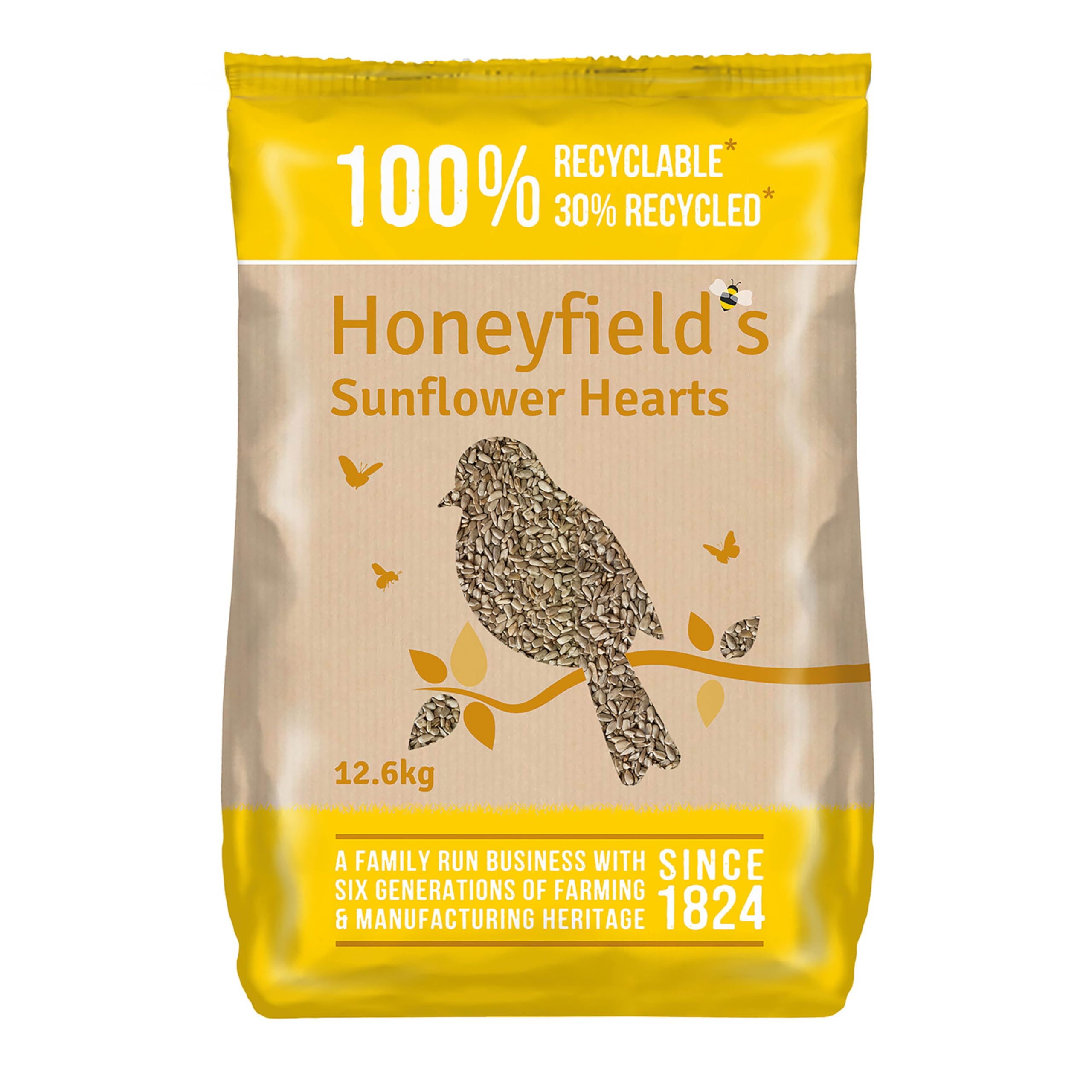 Sunflower Hearts Bird Food - Wild Bird Food for Small Birds, High in Energy and Protein, Great for Hanging Feeders, Bird Tables, and Ground Feeding, Bulk Bag (12.6kg) - Honeyfield’s