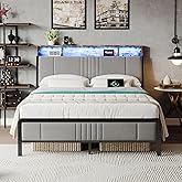 Nelaukoko Queen Size Bed Frame, Metal Platform Bed Frame with Smart LED Lights and Charging Station, Ergonomic Velvet Headboard, No Box Spring Needed, Easy Assembly