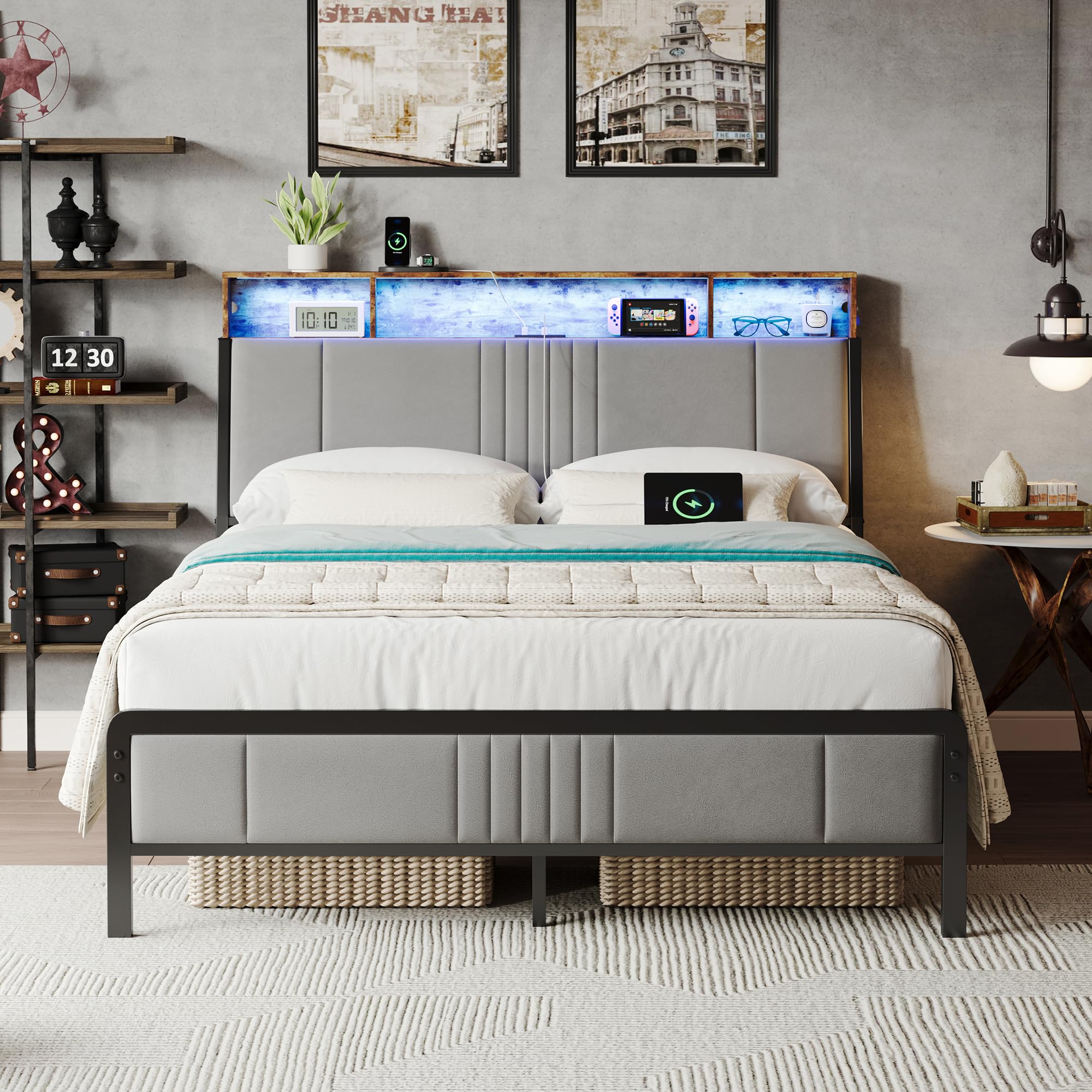 Nelaukoko Queen Size Bed Frame, Metal Platform Bed Frame with Smart LED Lights and Charging Station, Ergonomic Velvet Headboard, No Box Spring Needed, Easy Assembly Image