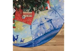GAGEC Christmas Tree Skirt Blue Tree Skirt Jesus Nativity Holy Night Xmas Winter Tree Skirt 48 Inch for Blue Christmas Indoor Outdoor Decorations