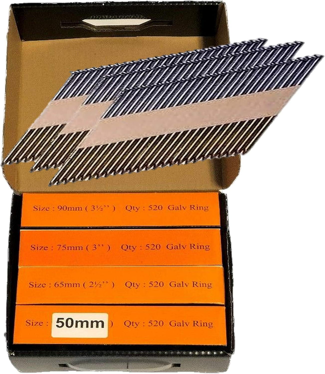 Mixed Pack 90mm + 75mm + 65mm + 50mm Galvanised Ring Framing Nails,Clipped D-Head, 2080nails, for DEWALT 18v Cordless DCN692 - Image 3