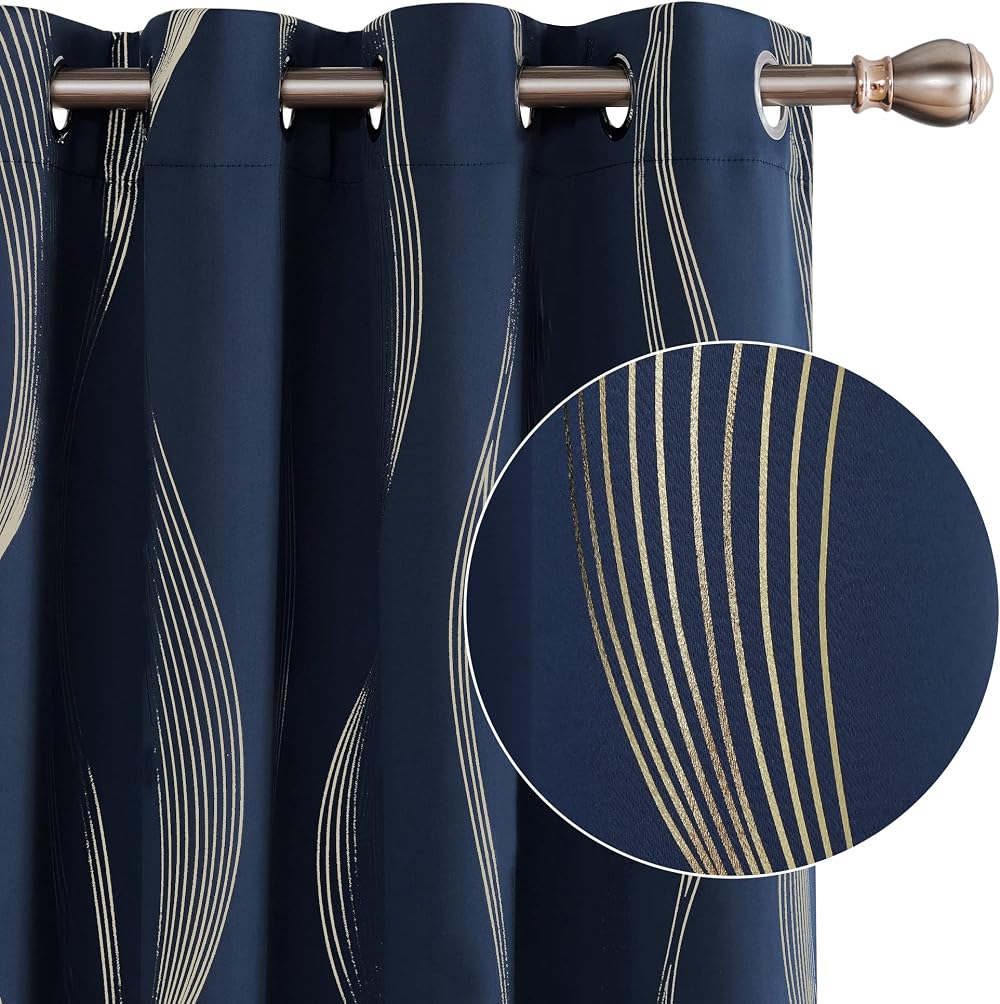 Deconovo Blackout Curtains 66x72 Navy Gold Wave 2 Panels Thermal Insulated