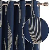 Deconovo Blackout Curtains Eyelet Thermal Navy 66x90 Two Panels Gold Wave