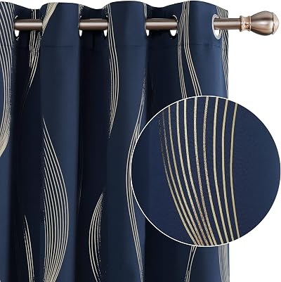 Deconovo Blackout Curtains 46x90 Navy Blue Gold Wave 2 Panels