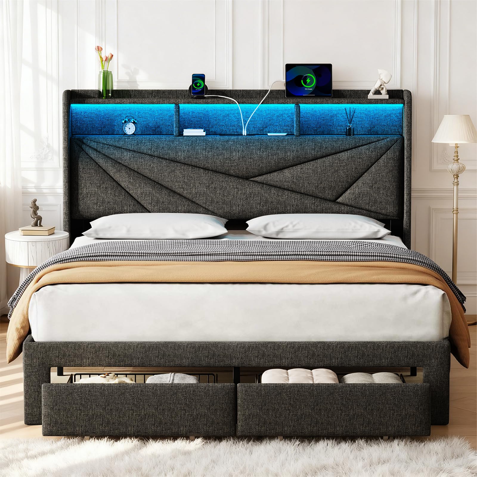 Photo 1 of Vinabilia King Size Bed Frame, Upholstered King Bed Frame with 2 Storage Drawers, 2-Tier Headboard, Charging Station & LED Lights, No Box Spring Needed - Dark Grey