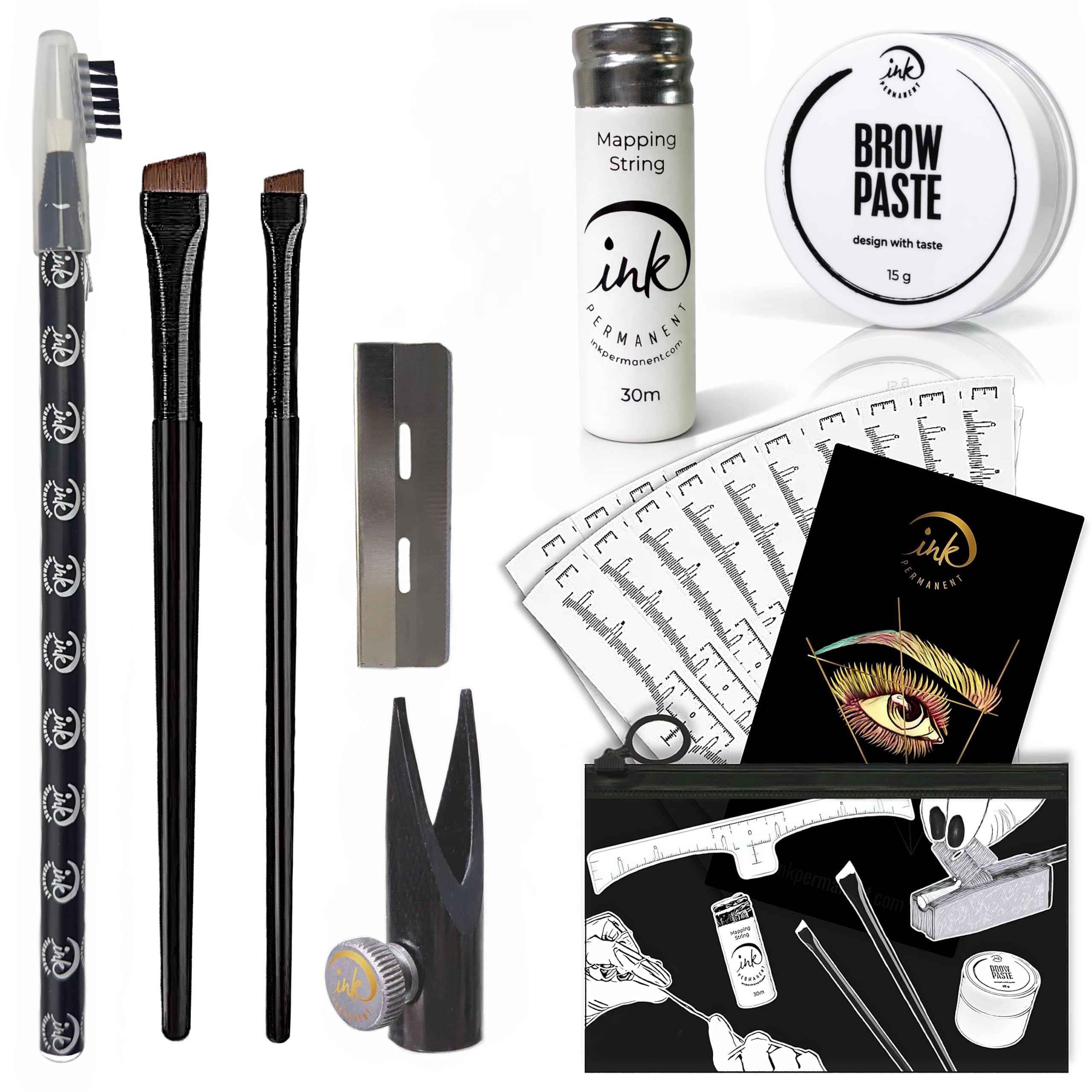 Eyebrow Mapping Kit with 30m White Shaping String, 15g White Brow Paste + 2 Brush Set, Eyebrow Mapping Pencil, Pencil Shaper and Blades, 20 Ruler Stencils and Instructions