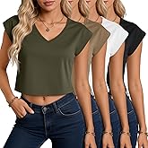Velvelhall 4 Pack Women's V Neck Cropped Tops Cap Sleeves Short T Shirts Loose Fit Casual Summer Crop Basic Solid Tees