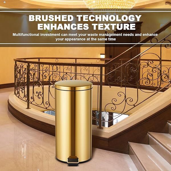 REALLNAIVE 30L/8GAL GOLD STEP TRASH CAN WITH 100 GARBAGE BAGS METALLIC GOLD BRASS LIDDED STEP KITCHEN GARBAGE BIN WITH LID COMMERCIAL COMPACT WASTE BASKET FOR SHOPPING CENTERS, ELEVATOR DOORS, HOTELS