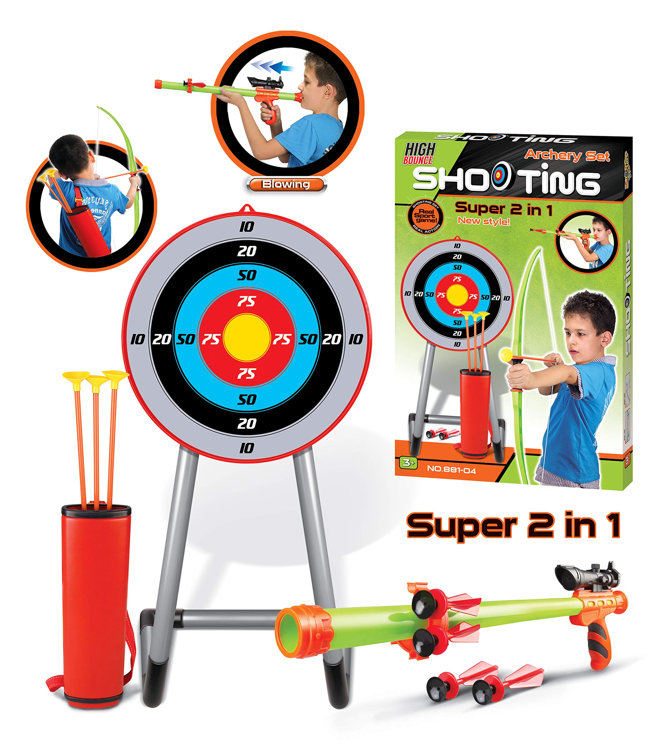 High Bounce Kids Archery Bow Arrow Toy Set with Targets, Quiver, and