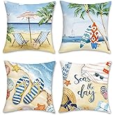 Bonhause Summer Beach Throw Pillow Covers 18x18 Starfish Surfboard Palm Tree Seaside Scenery Decorative Pillows Soft Velvet Cushion Cases for Couch Sofa Bed Home Decor Set of 4