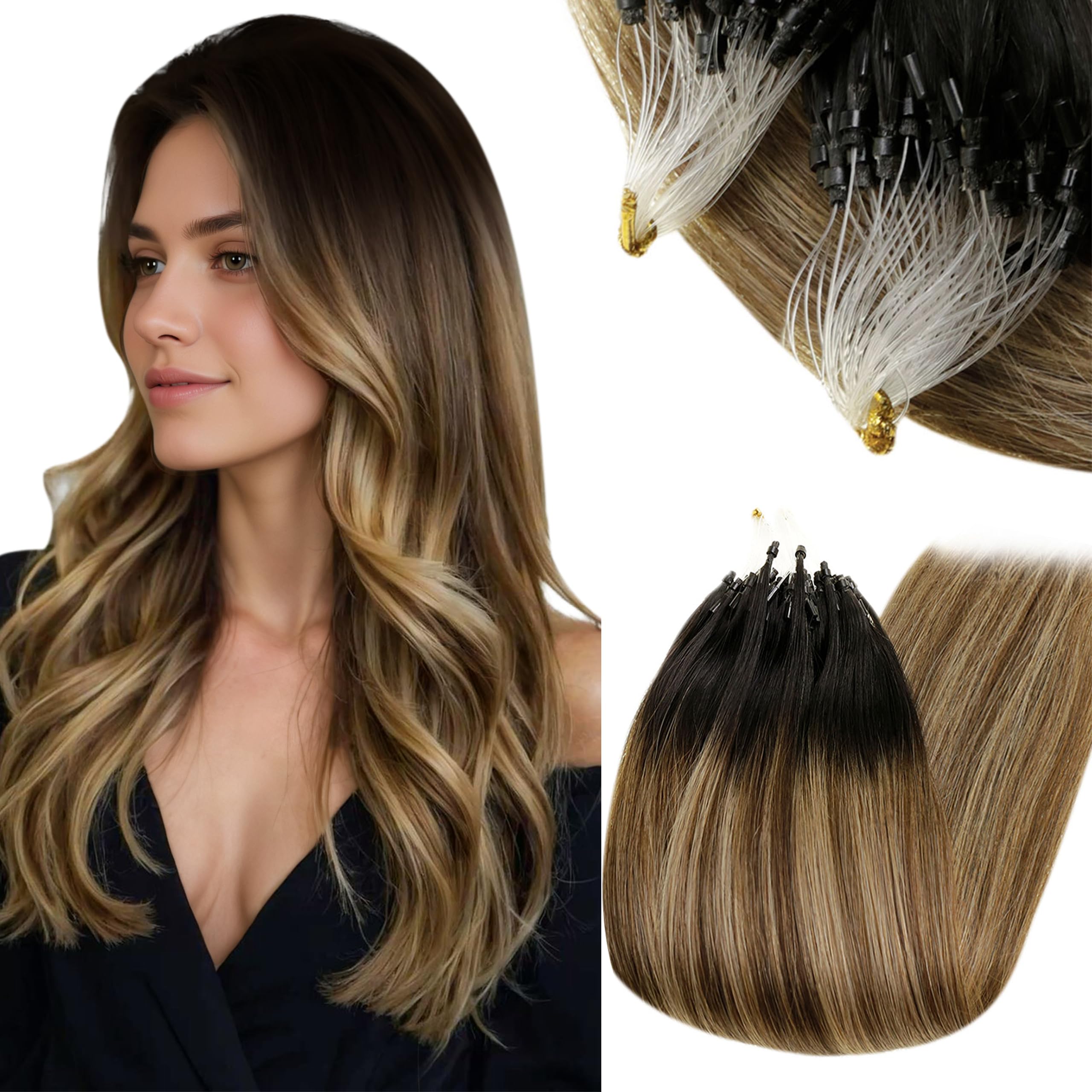 RUNATURE Micro Hair Extensions Human Hair 24 Inch Micro Loop Hair Extensions Real Human Hair Black Ombre Blonde Micro Beads Hair 50s50g #1B/4/27 — image 1