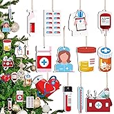 48 Pcs Christmas Nurse Wood Ornament Nurse Appreciation Gift Scrub Life Nurses Tray Ornament Medicine Uniform Stethoscope First Aid Thermometer Hanging Wooden Pharmacy Decorations for Christmas Tree