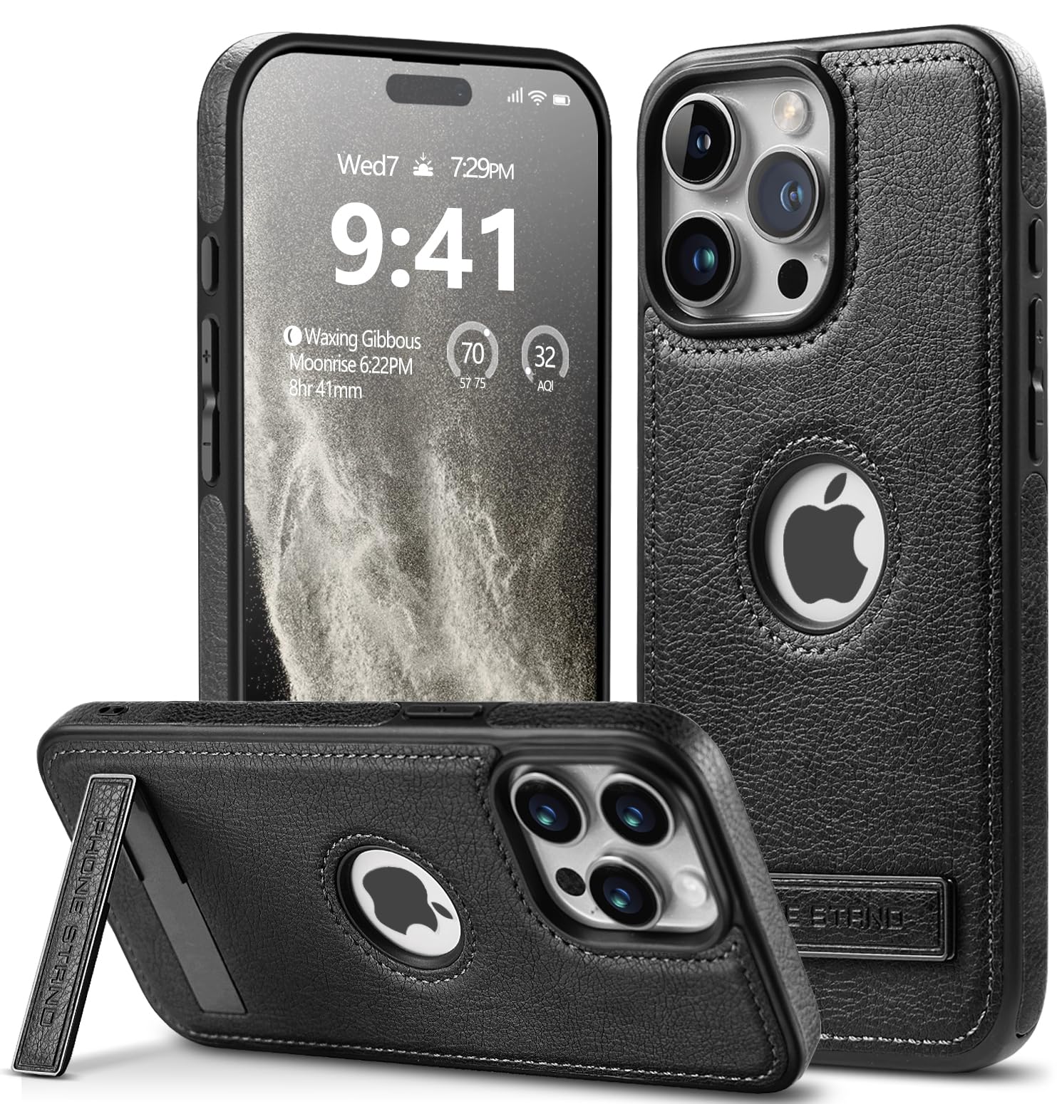 PENKX Designed for iPhone 15 Pro Leather Case with Stand, Protection Slim Adjustable Kickstand Phone Cover Compatible with iPhone 15 Pro (Black)