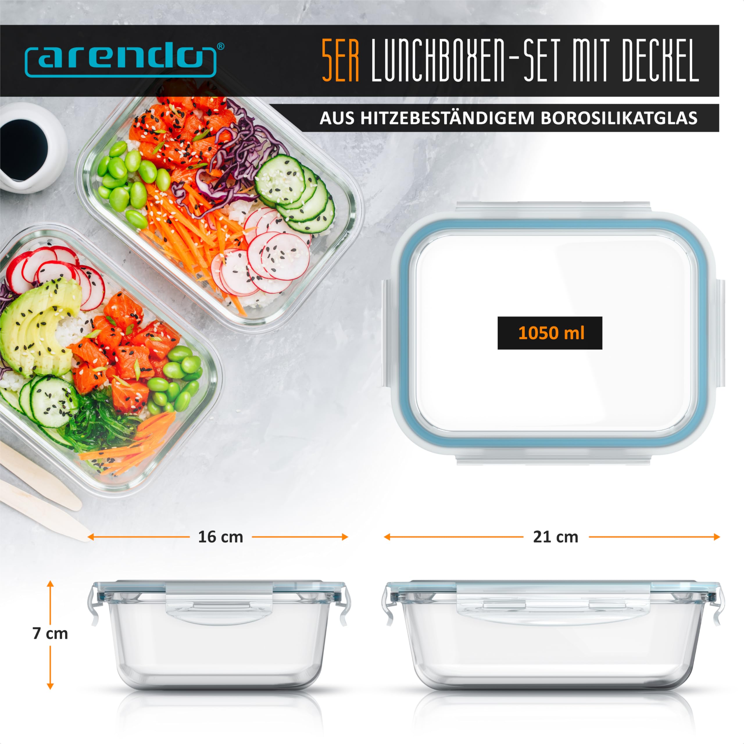 Arendo - Glas Lunchboxen Frischhaltedosen für Lebensmittel mit Deckel luftdicht - 5er Set - 1050 ml - für Mikrowelle Ofen Gefrierschrank - Spülmaschinen geeignet - Vorratsdosen Meal Prep Boxen Set 2