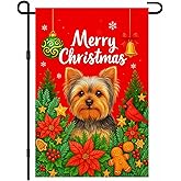 IVN Christmas Yorkshire Dog Santa Garden Flag 12x18 Inch Double Sided Winter Yorkshire Terrier Dog Poinsettia Gingerbread Ornament Bell Snowflakes Yard Flag for Christmas Decoratives Yard Flag for Outside Xmas Home Front Door Lawn Porch Patio Welcome Decor