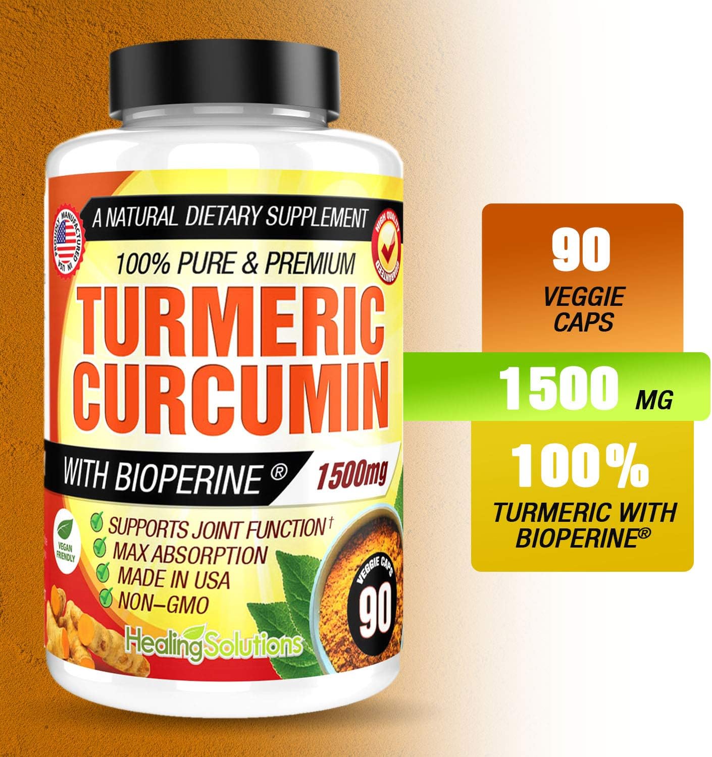 Turmeric Curcumin with Bioperine 1500mg (90 Capsules) Maximum Potency Pain Relief & Joint Support Supplement 95% Standardized Curcuminoids. Non-GMO Tumeric Gluten Free Turmeric with Black Pepper: Health & Personal Care